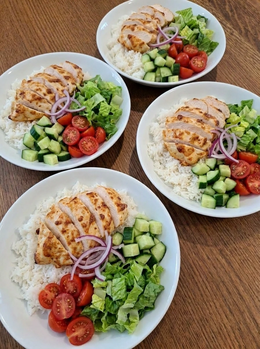 Assembling Greek Chicken Gyro Bowl with rice chicken and vegetables