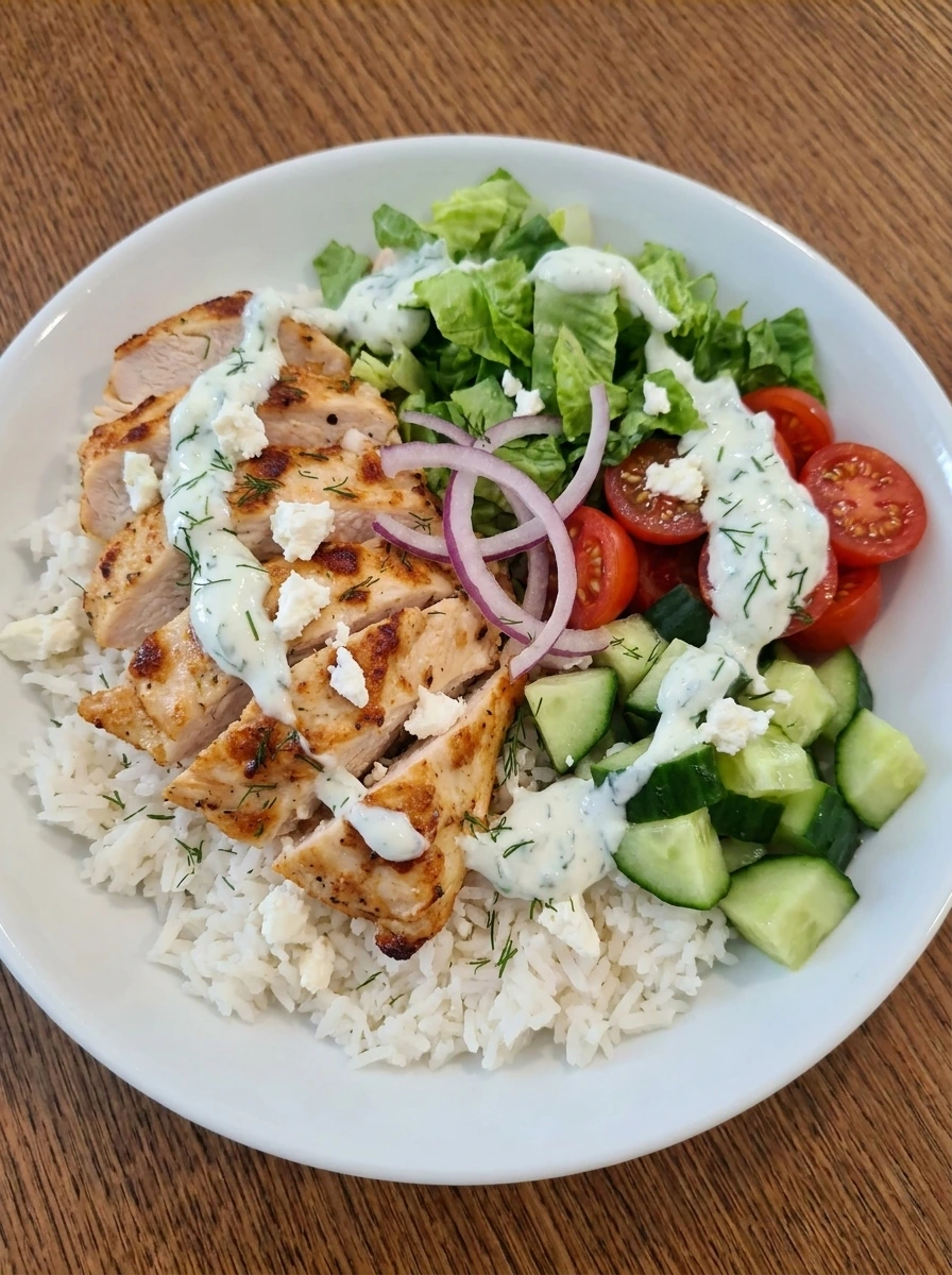 Finished Greek Chicken Gyro Bowl with tzatziki feta and dill