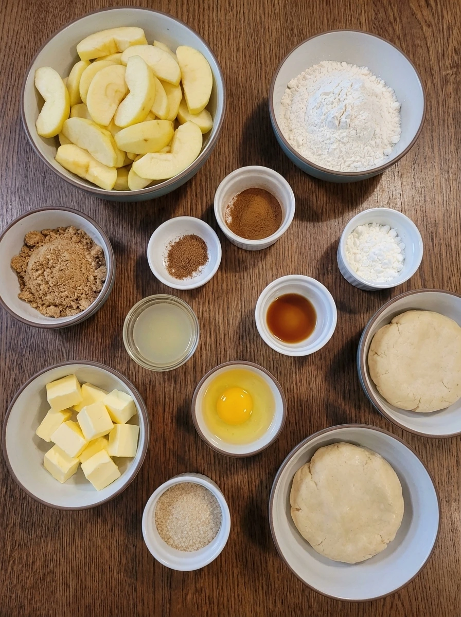 Raw ingredients for Homemade Apple Pie in separate small containers