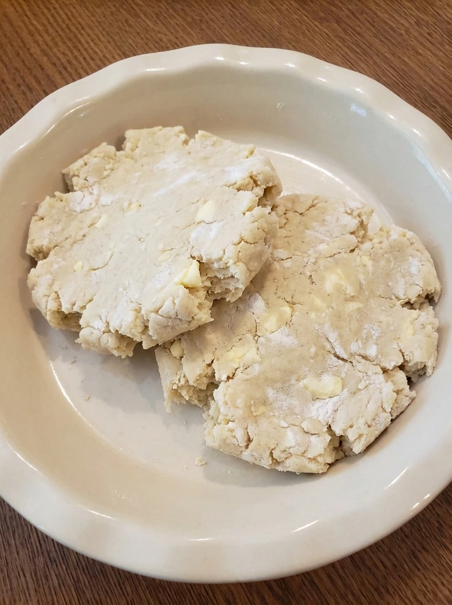 Rough pie dough portions for Homemade Apple Pie with visible butter streaks