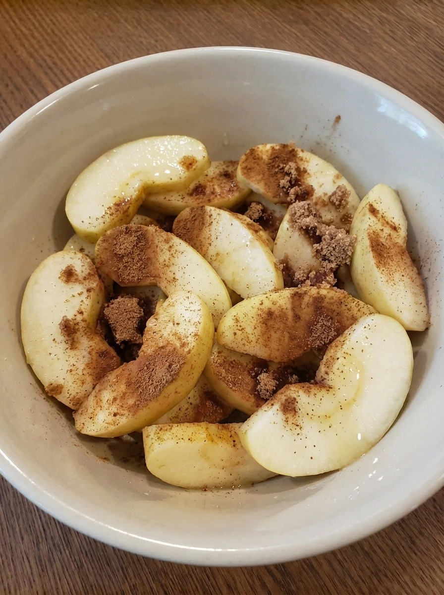 Apple slices with lemon juice and unevenly scattered sugar and spices