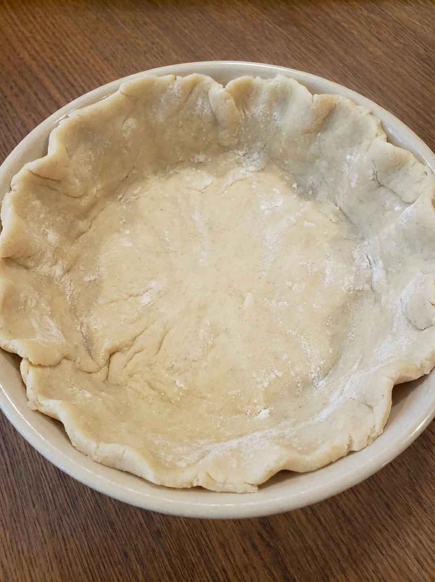 Raw bottom pie crust fitted into a cream ceramic pie plate