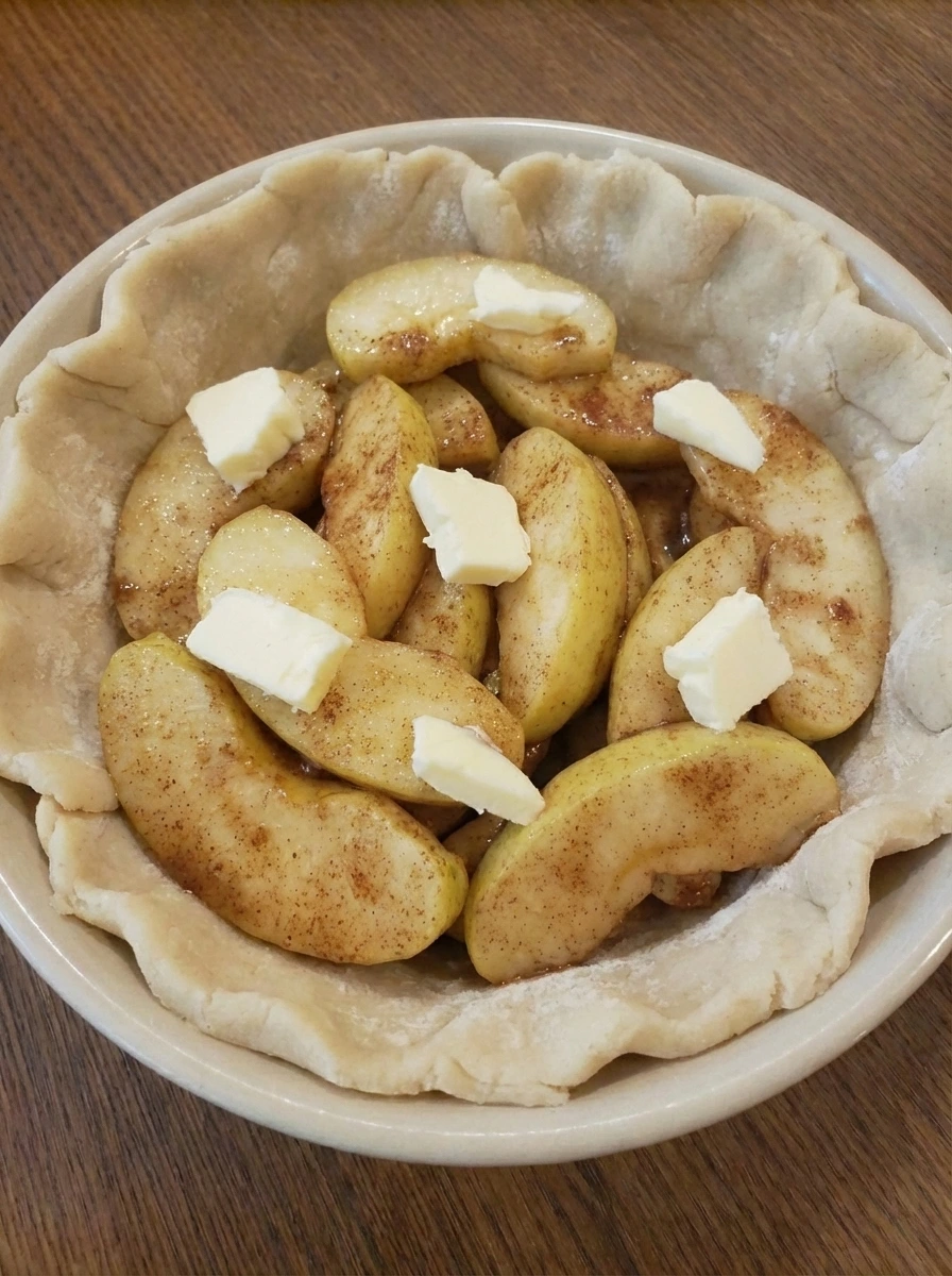 Spiced apple slices loosely piled into the bottom pie crust