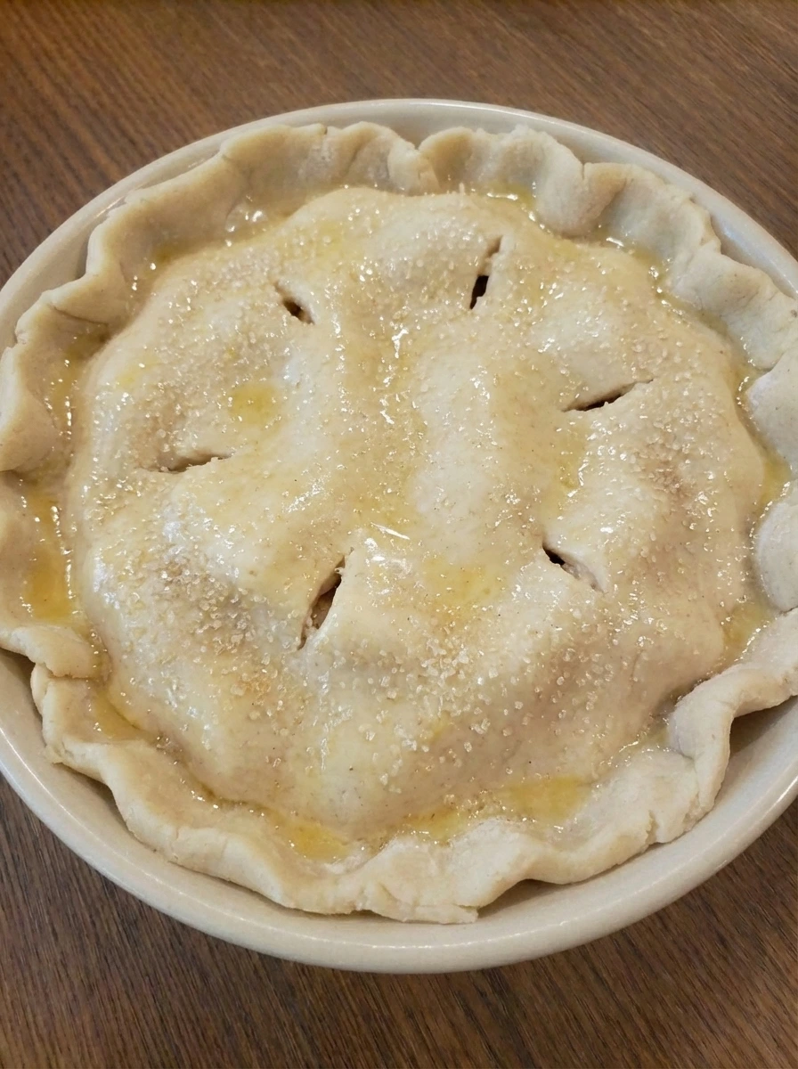 Unbaked apple pie with vented top crust and uneven sugar on top