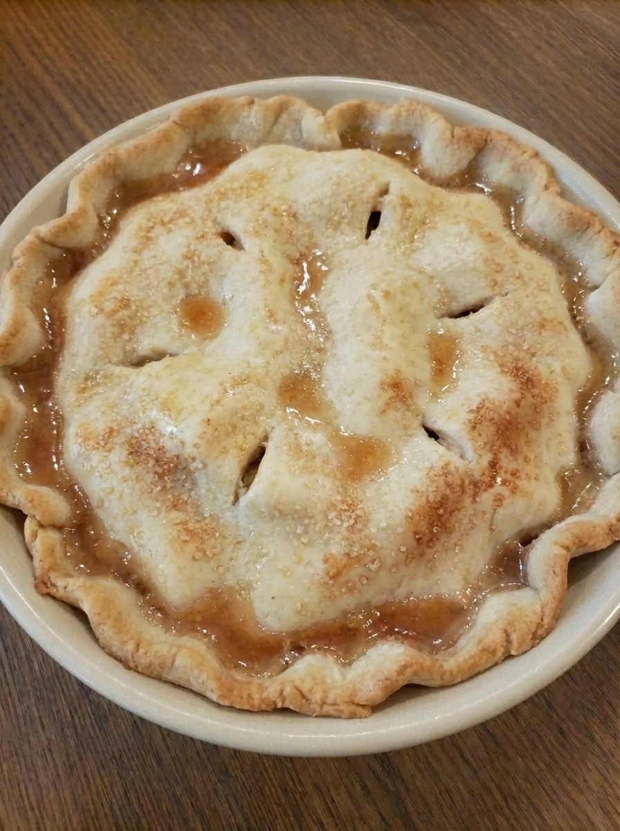 Apple pie partially baked with light golden crust and bubbling filling