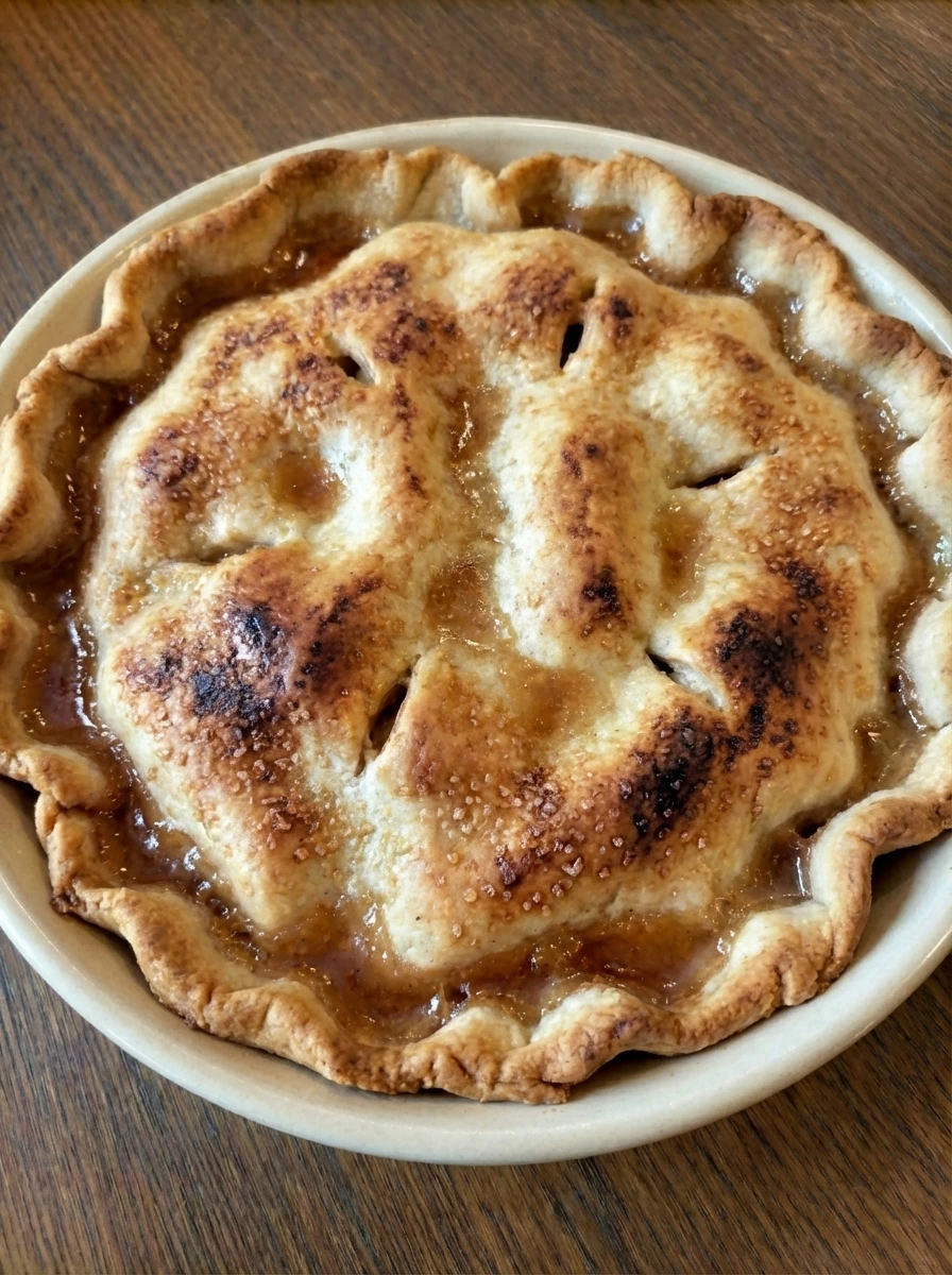Fully baked apple pie with deep golden brown crust and thick filling