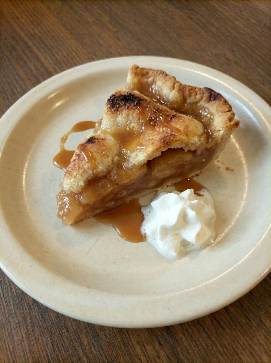 Plated slice of Homemade Apple Pie with whipped cream and golden brown crust