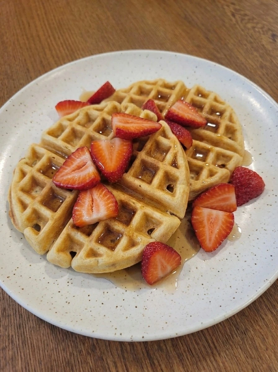 Homemade Belgian Waffles on a speckled white plate with maple syrup and strawberries