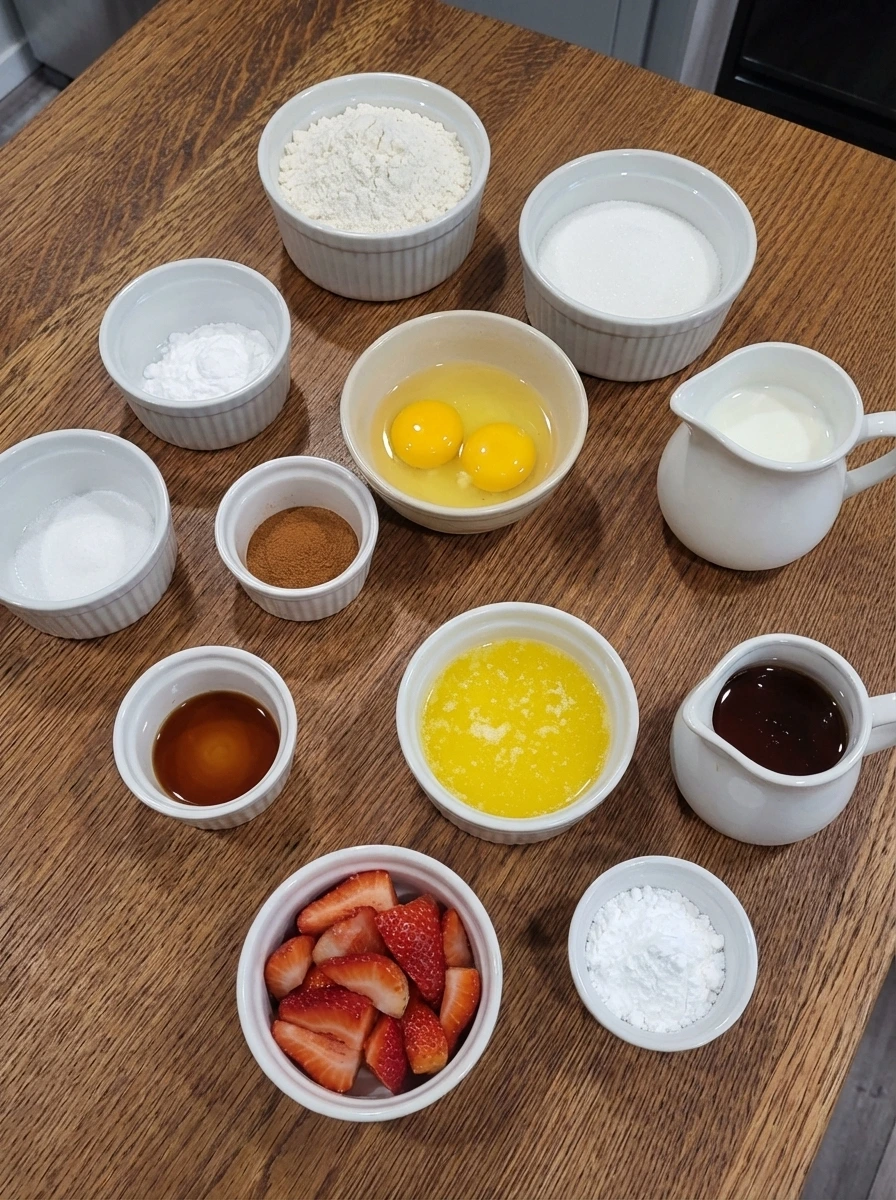 Raw ingredients for Homemade Belgian Waffles in separate small containers