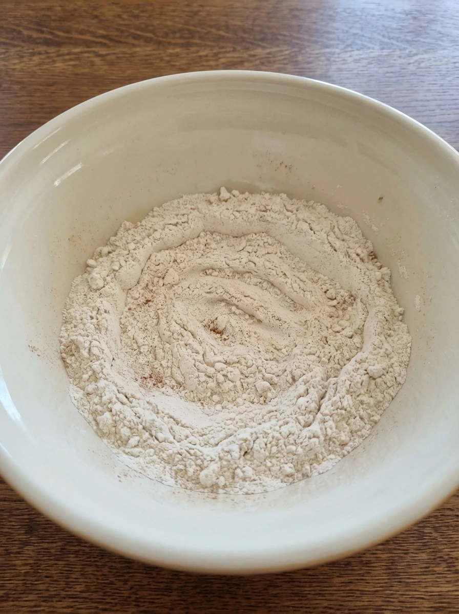 Dry ingredients for Homemade Belgian Waffles lightly mixed in a ceramic bowl