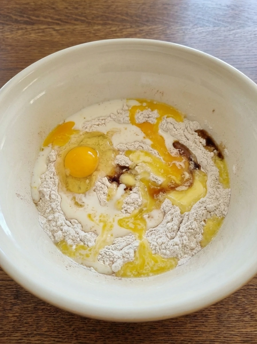 Wet ingredients added over dry ingredients for Homemade Belgian Waffles