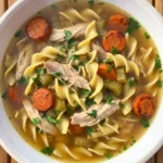 Homemade Chicken Noodle Soup in a natural white rimmed stoneware bowl