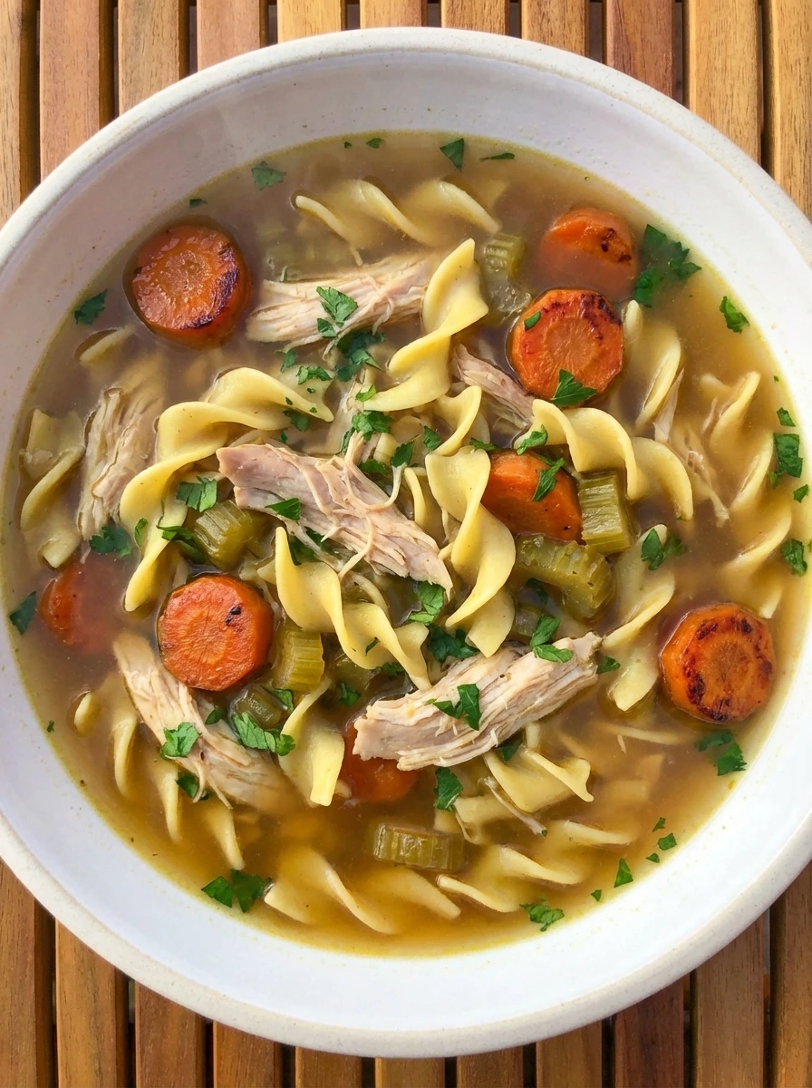 Homemade Chicken Noodle Soup in a natural white rimmed stoneware bowl