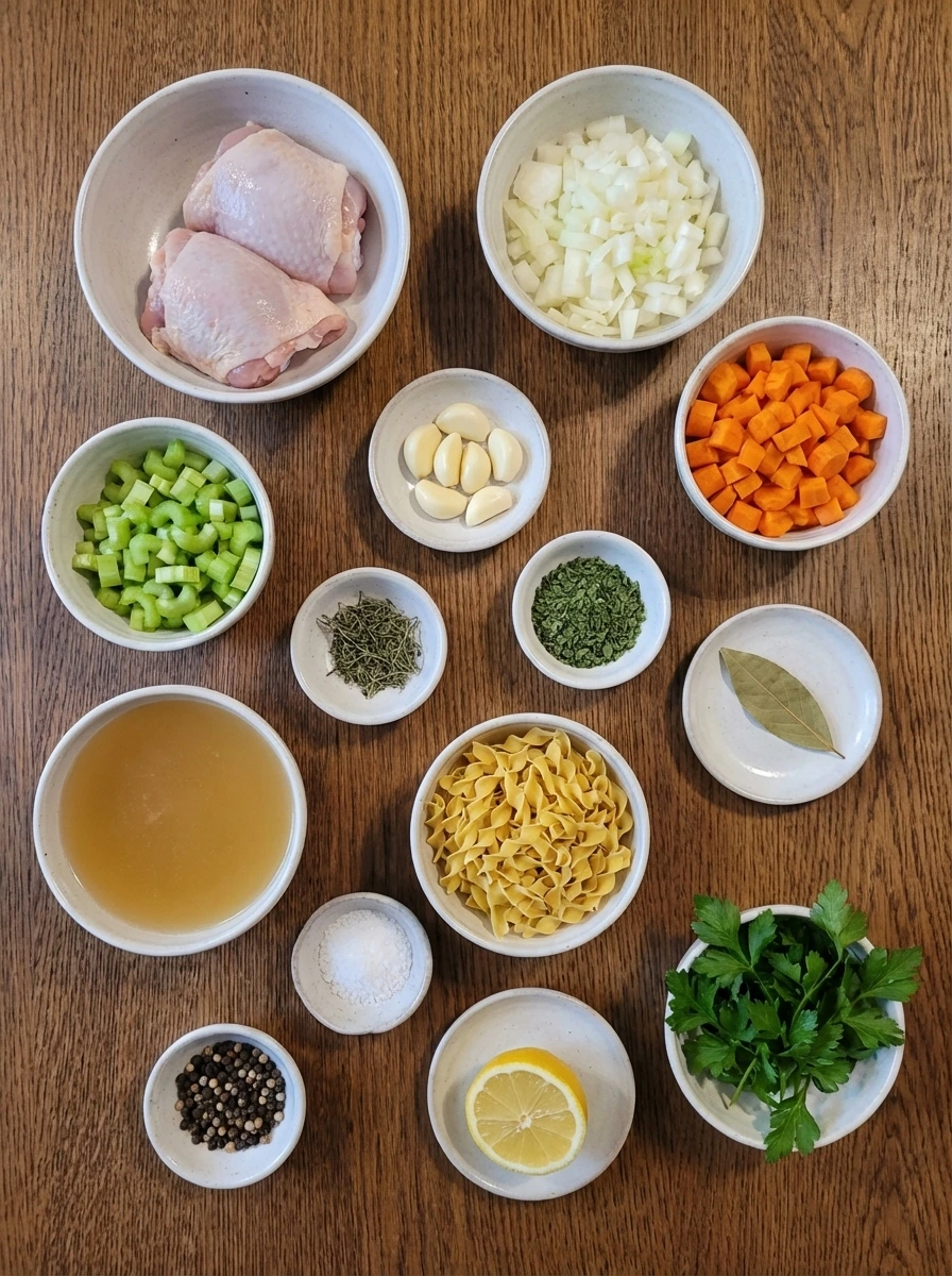 Raw ingredients for Homemade Chicken Noodle Soup in separate small containers