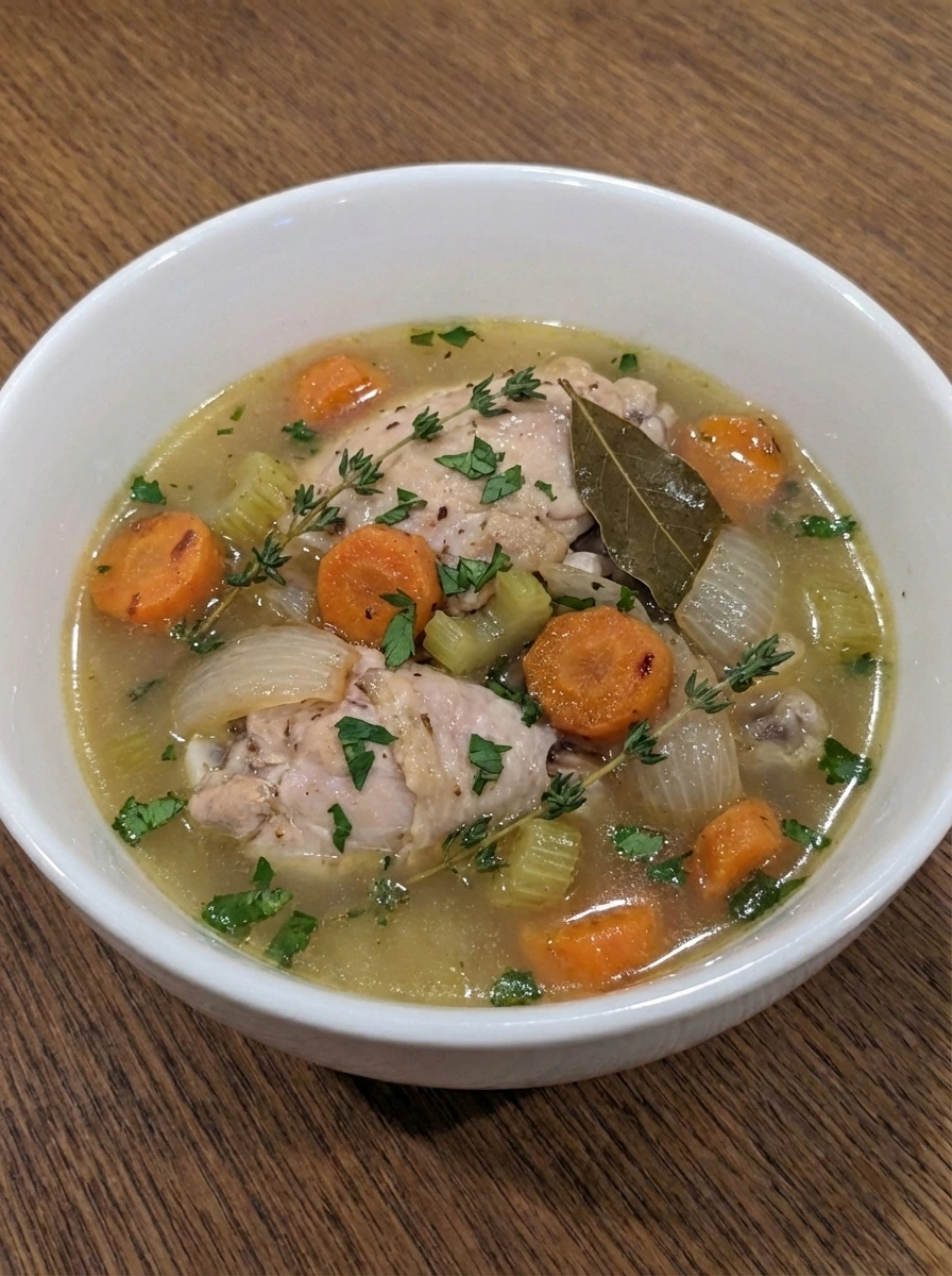 Chicken simmering in seasoned broth for noodle soup