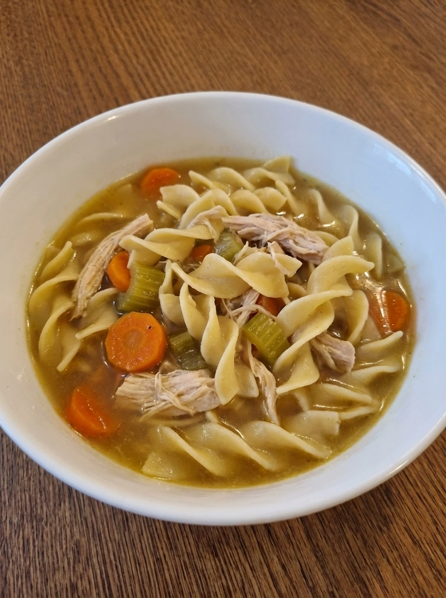 Soft curled noodles cooking in chicken soup