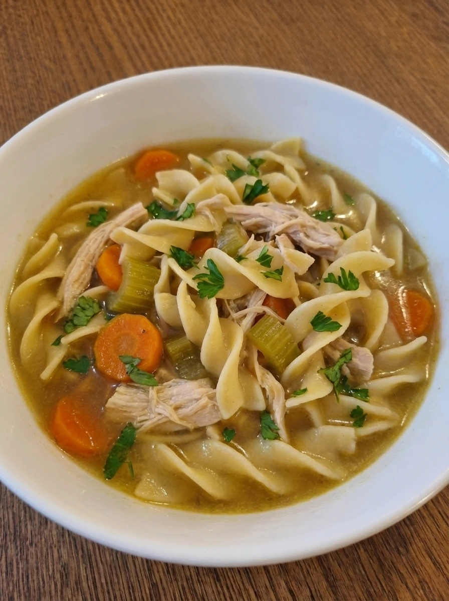 Chicken noodle soup finished with parsley and lemon