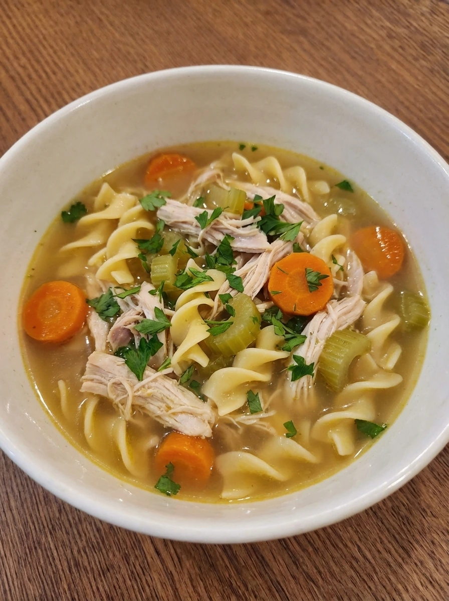 Served bowl of Homemade Chicken Noodle Soup