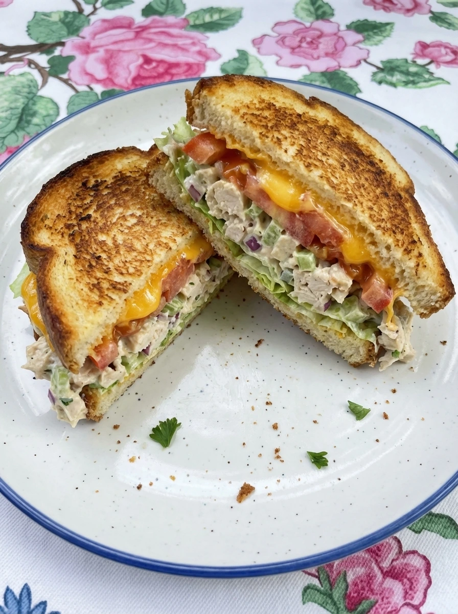 Homemade Chicken Salad Sandwich on a white blue rim plate with golden toasted bread and melted cheddar