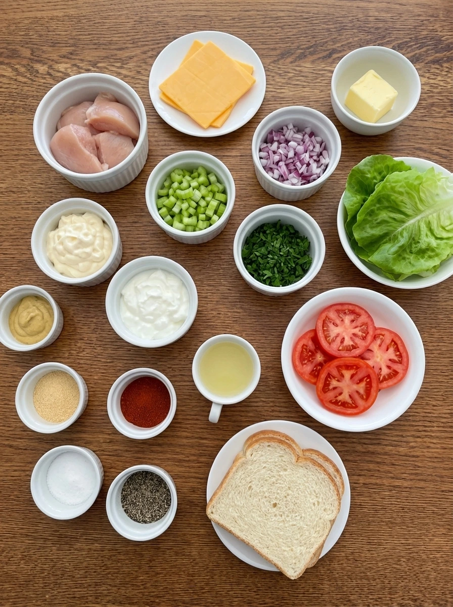 Ingredients for Homemade Chicken Salad Sandwich in separate small containers