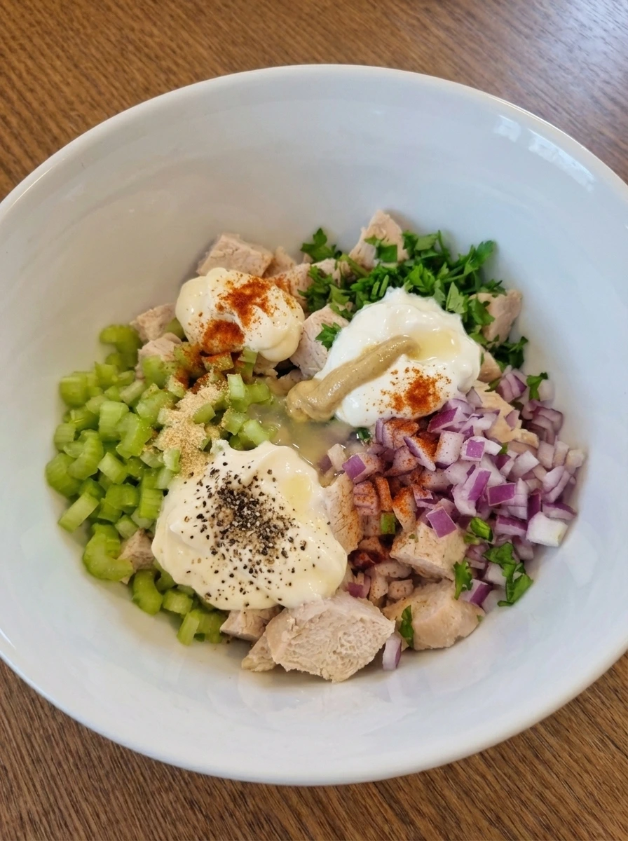 Creamy dressing and seasonings added over chopped chicken mixture