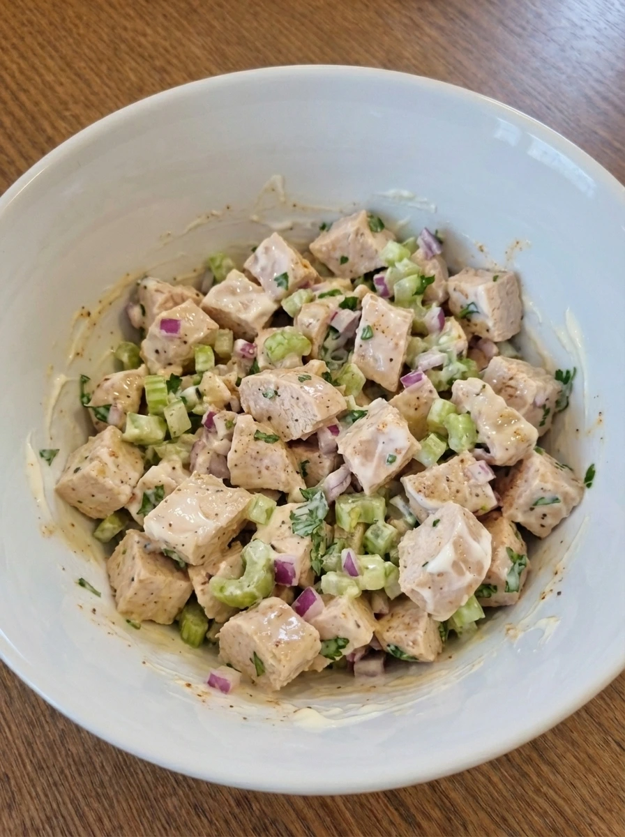 Partially mixed chicken salad filling in a bowl
