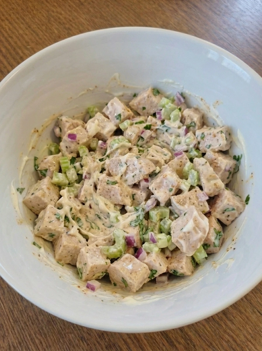 Fully mixed chicken salad filling resting in a bowl