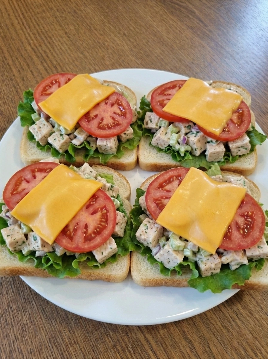 Open chicken salad sandwiches layered with lettuce tomato and cheddar