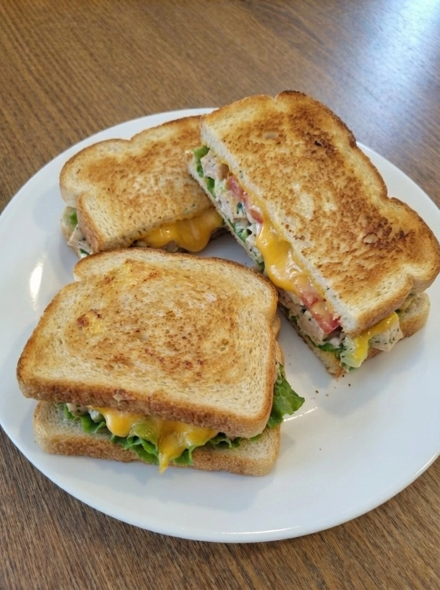 Chicken salad sandwiches toasted until golden brown with melted cheddar