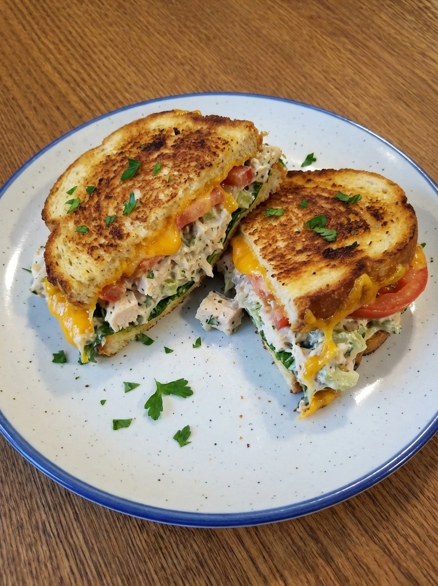 Plated Homemade Chicken Salad Sandwich cut in half with golden toasted bread