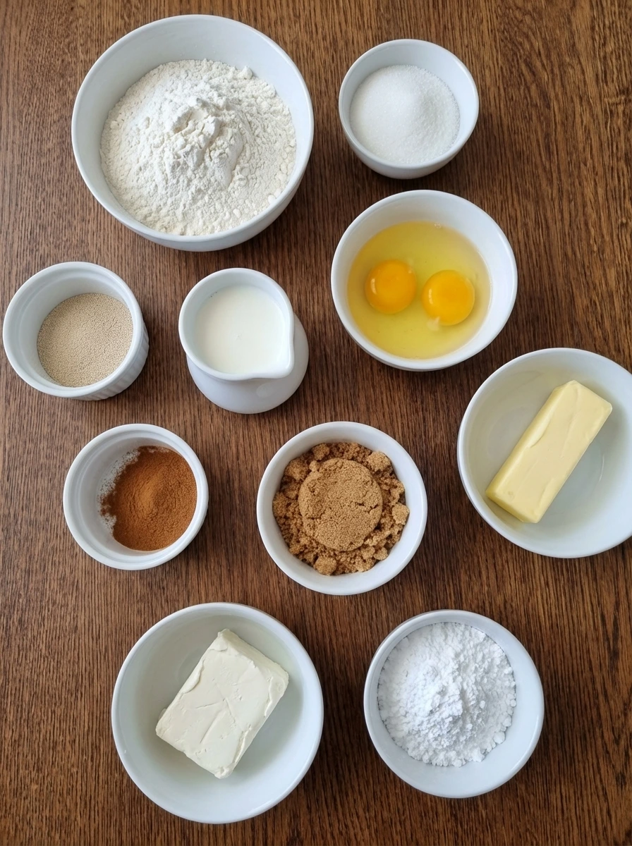Ingredients for Homemade Cinnamon Rolls in separate small white containers