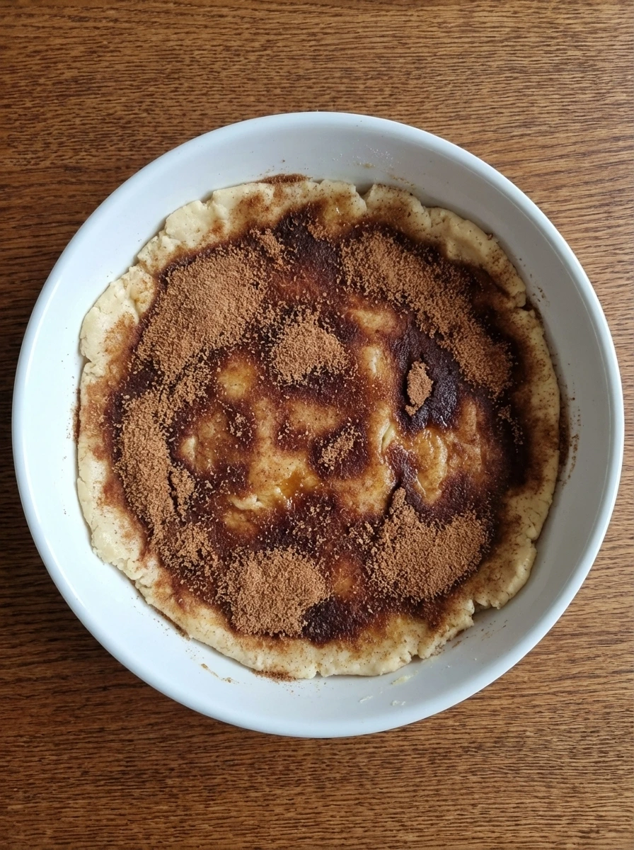 Flattened dough covered with cinnamon sugar filling in a white dish