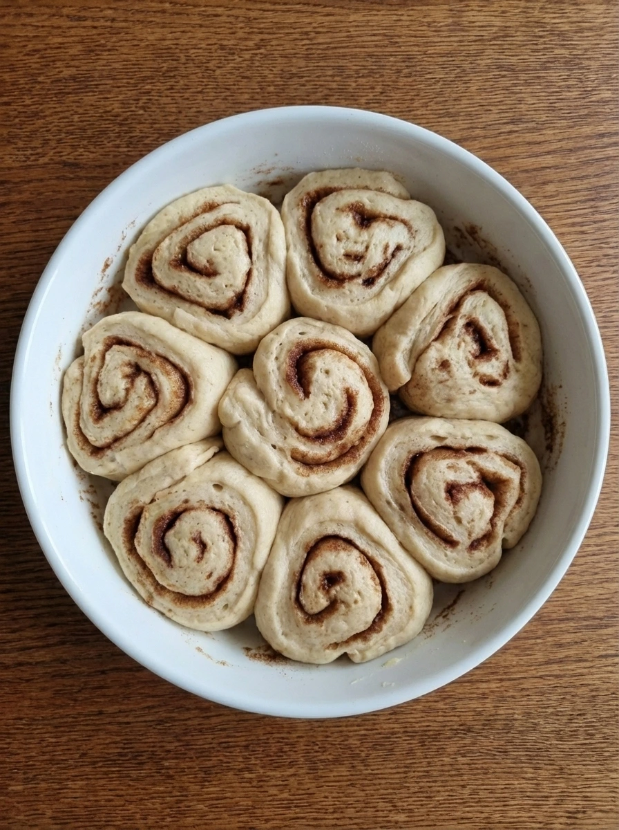 Sliced cinnamon roll spirals in a white dish