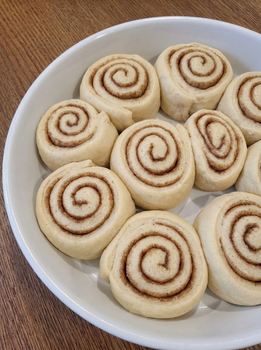 Puffy unbaked cinnamon rolls in a white baking dish