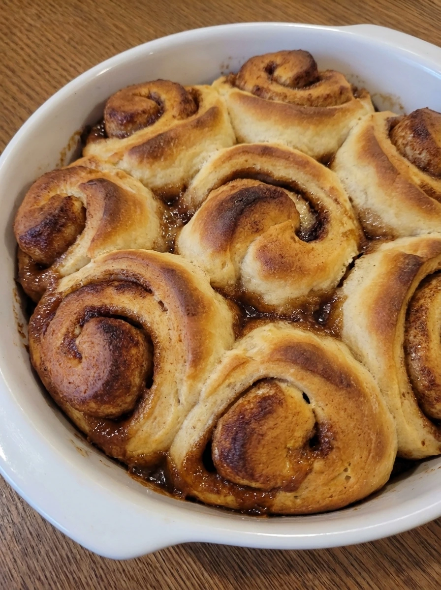 Baked Homemade Cinnamon Rolls with golden brown tops in a white baking dish