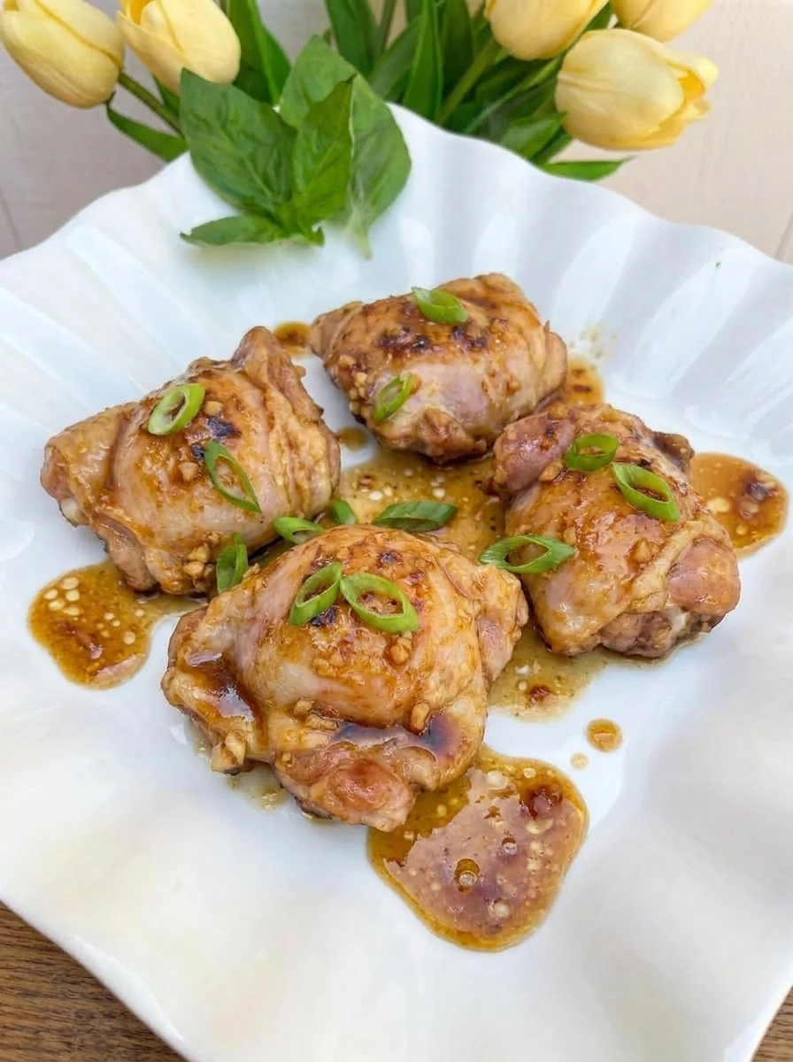 Honey Garlic Chicken Thighs on a white plate with sticky glaze and browned edges