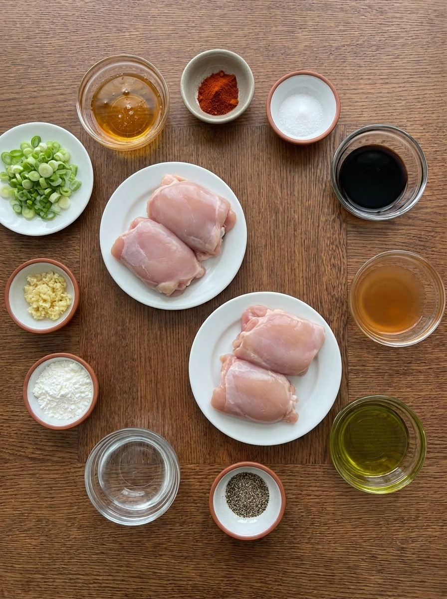 Raw ingredients for Honey Garlic Chicken Thighs in separate containers