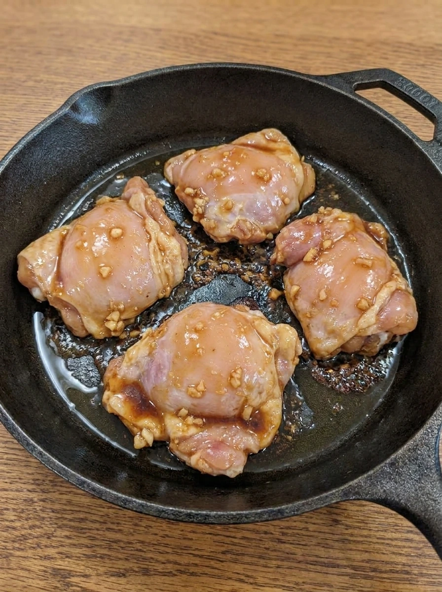 Chicken thighs beginning to brown in honey garlic glaze