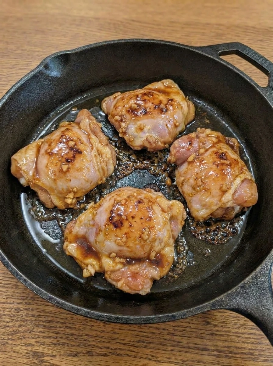 Chicken thighs flipped with thickening honey garlic glaze
