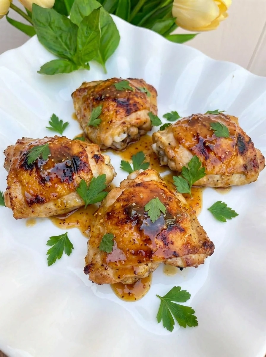 Honey Mustard Baked Chicken Thighs with glossy golden glaze and browned edges.