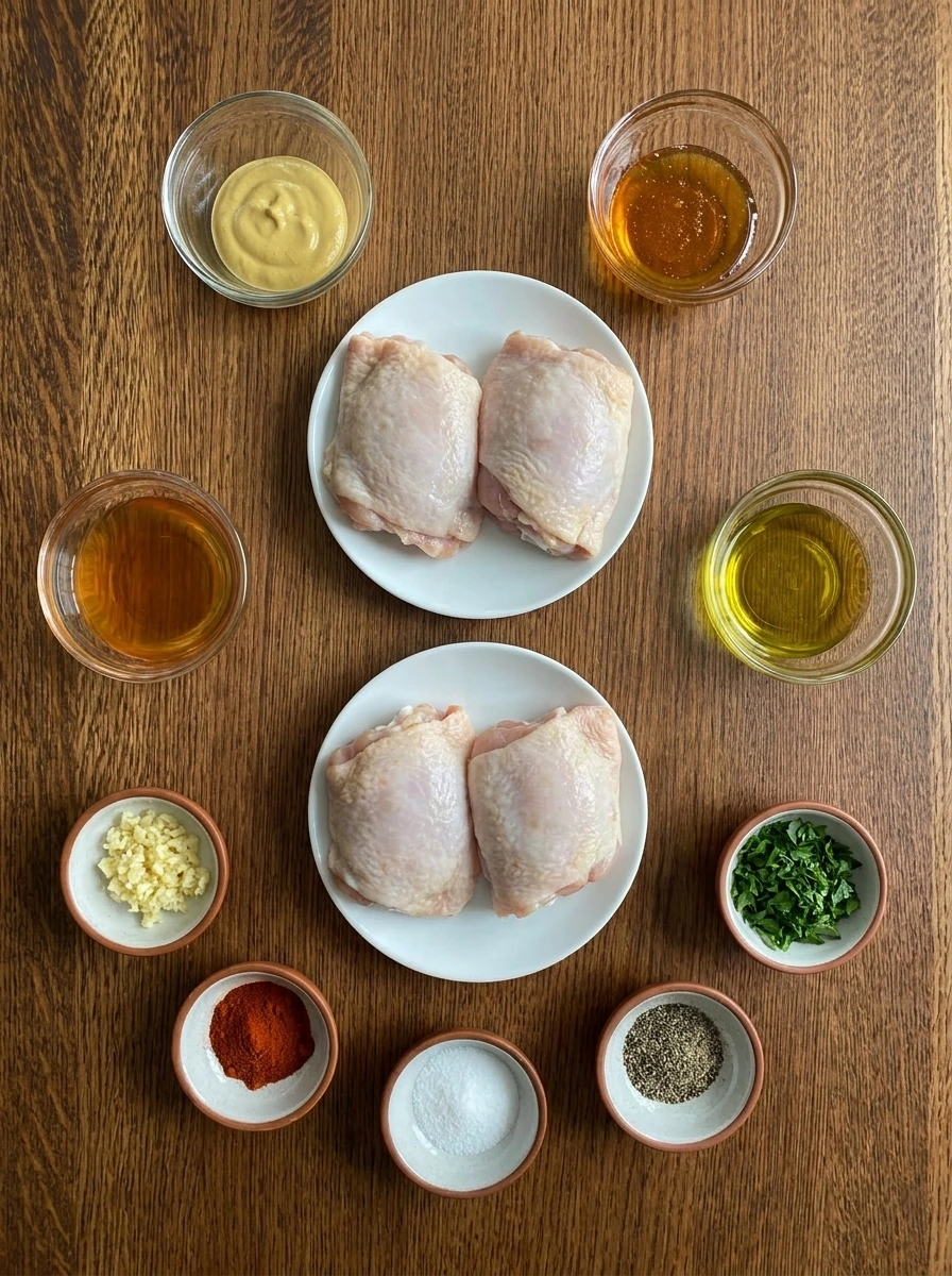 Ingredients for Honey Mustard Baked Chicken Thighs arranged in separate containers.