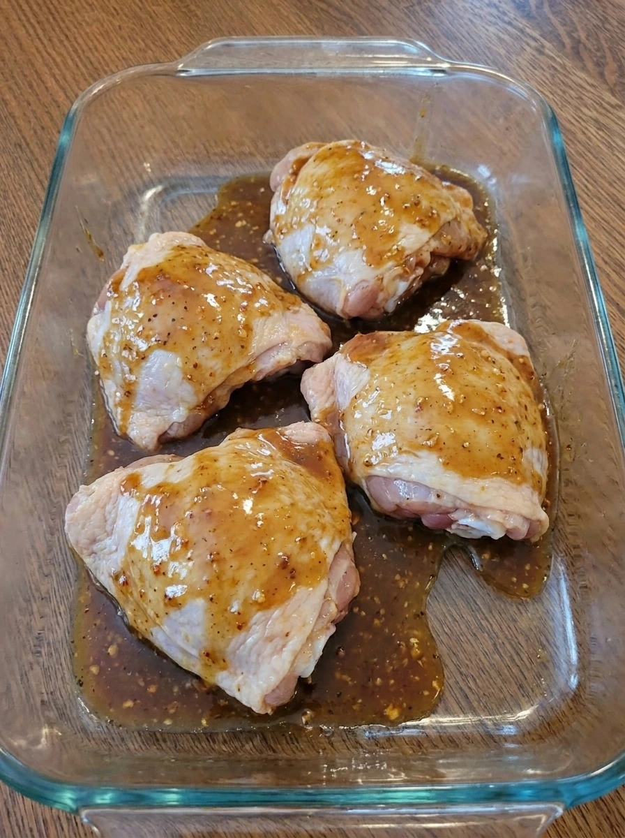 Glazed chicken thighs arranged in a baking dish before baking.