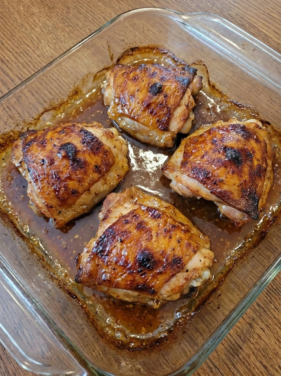Baked chicken thighs with browned honey mustard glaze.