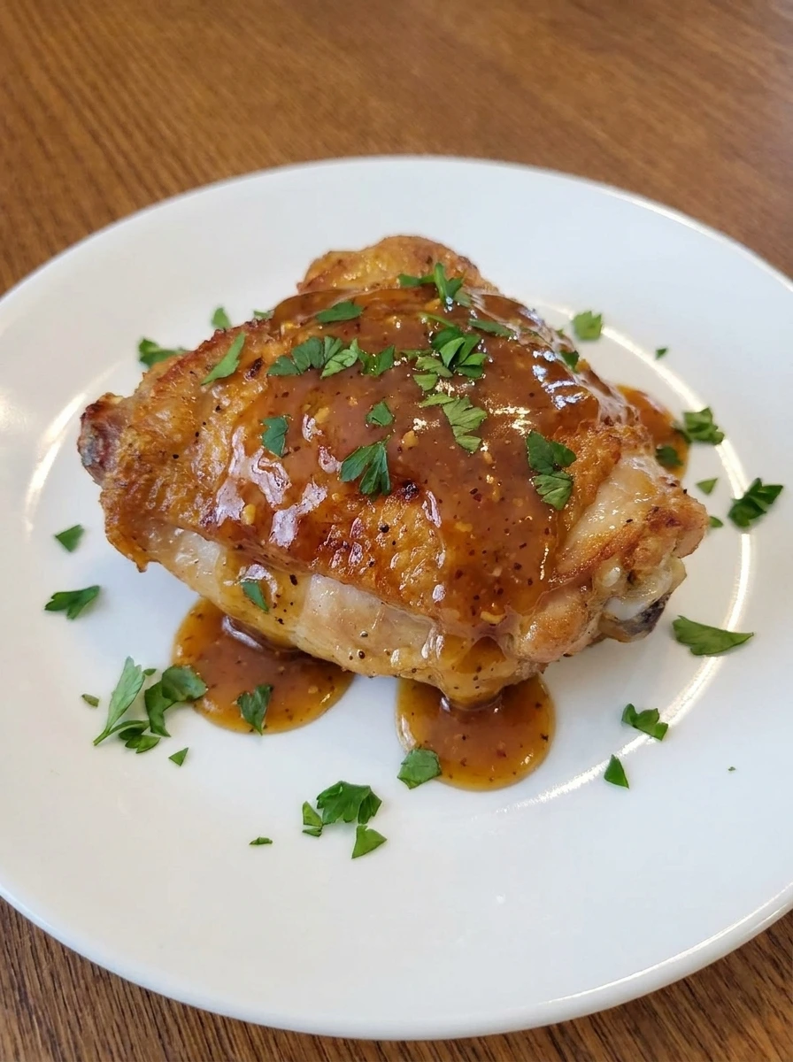 Plated Honey Mustard Baked Chicken Thigh with parsley and glossy glaze.