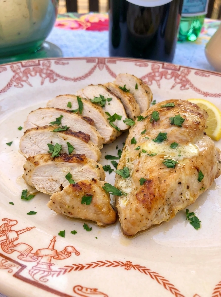 Juicy baked chicken breast on a white stoneware plate with parsley and lemon