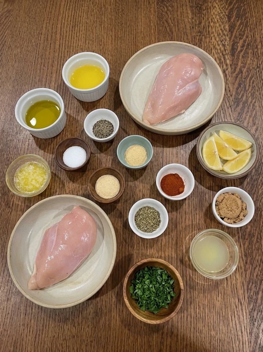 Ingredients for juicy baked chicken breast in separate small containers