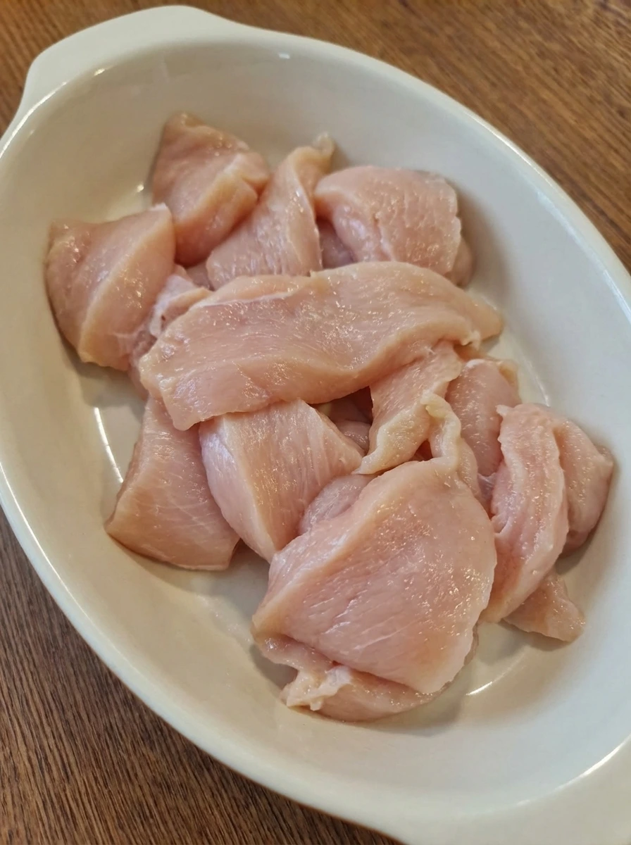 Trimmed and cut raw chicken breasts in a shallow dish