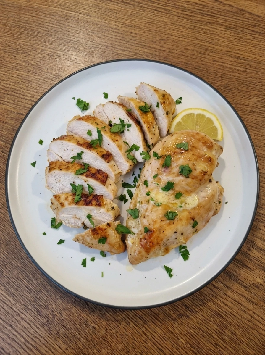 Plated juicy baked chicken breast with parsley and lemon