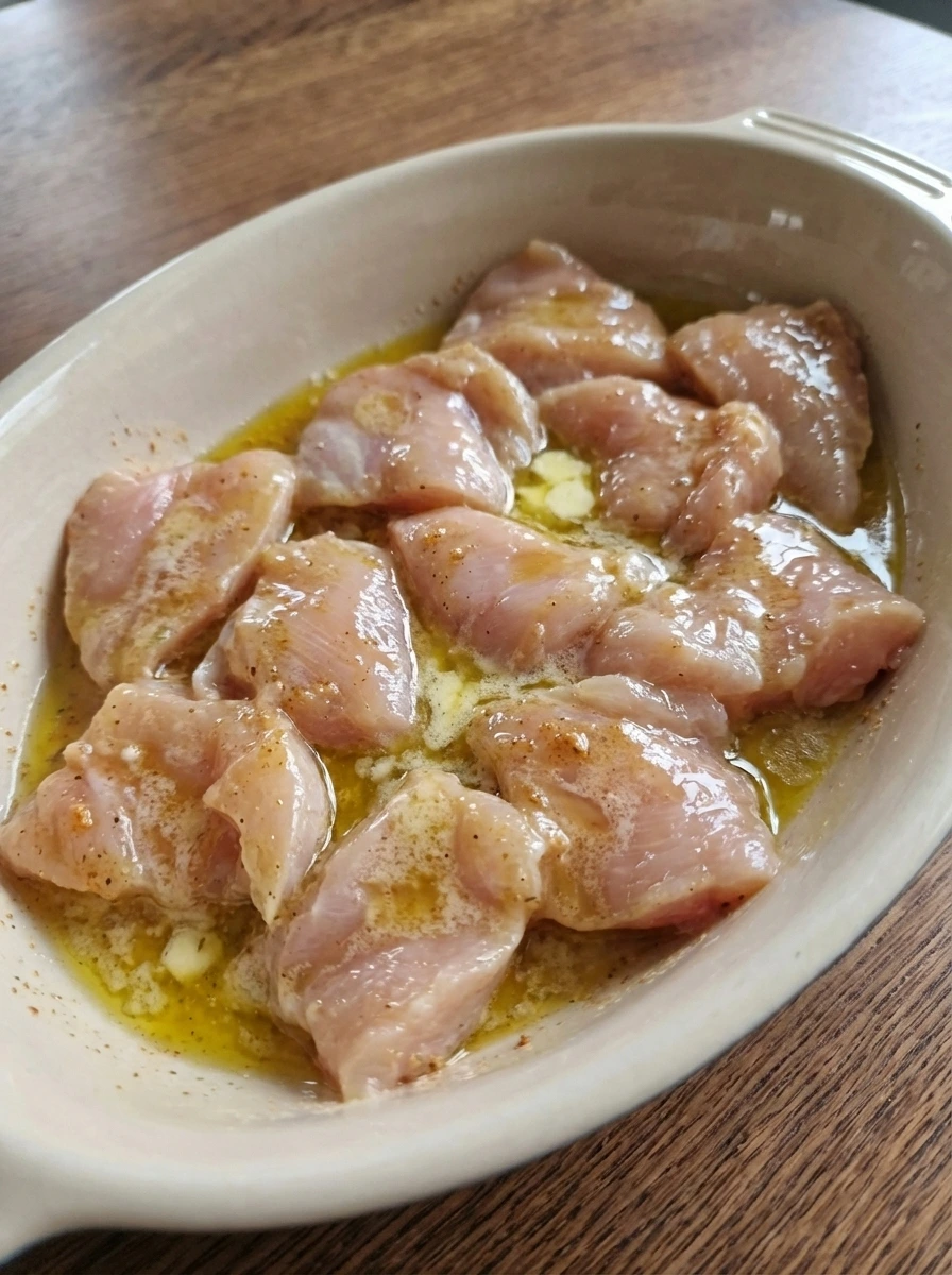 Chicken breasts coated with olive oil and butter mixture
