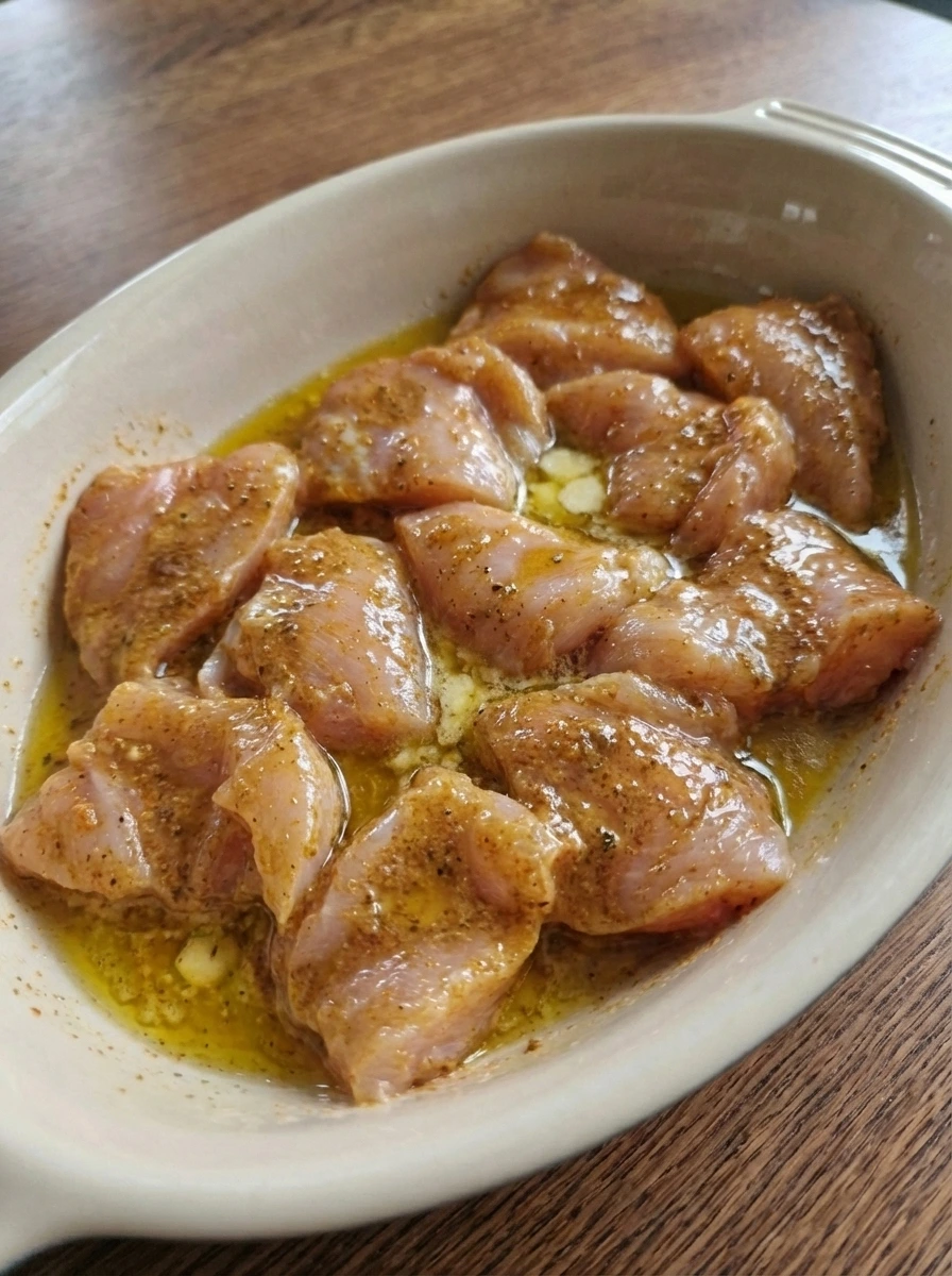 Seasoned chicken breasts with paprika and herbs in a shallow dish